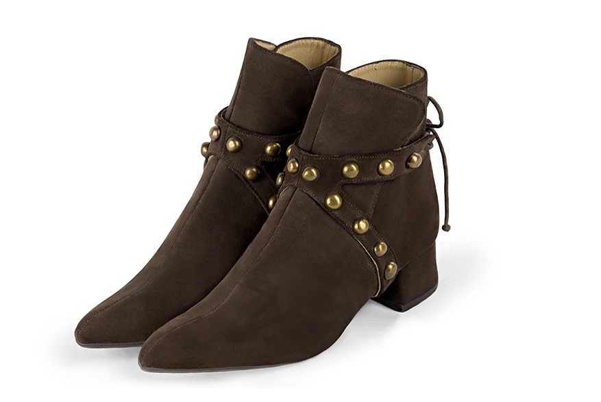 Dark brown women's ankle boots with laces at the back. Tapered toe. Low flare heels. Front view - Florence KOOIJMAN